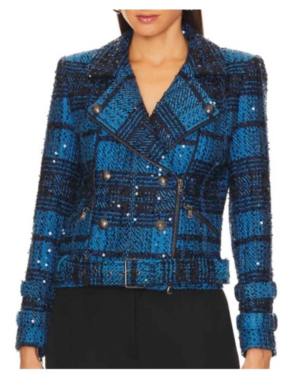 L'Agence 'Billie' Sequin-Embellished Plaid Tweed Jacket, Cobalt Blue/Black